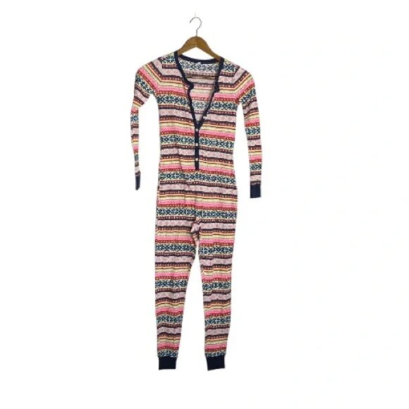 Old Nay Multicolored Patterned Holiday Winter Waffle-Knit One-Piece Pajamas - Picture 3 of 7